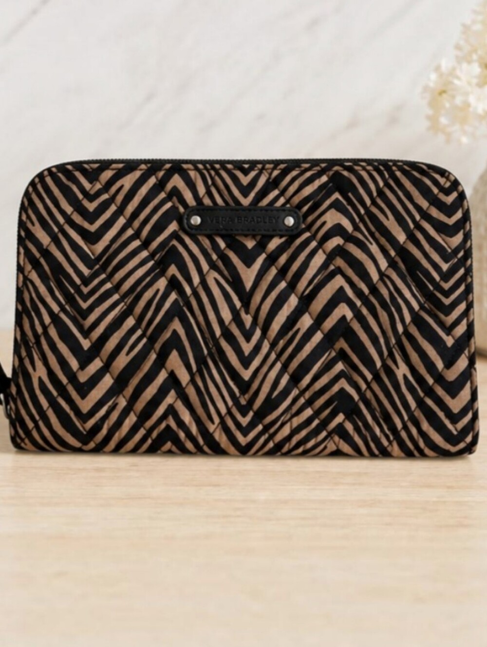 Vera Bradley Chevron-Zebra Print Wristlet Wallet Tan Black Quilted Zip Around